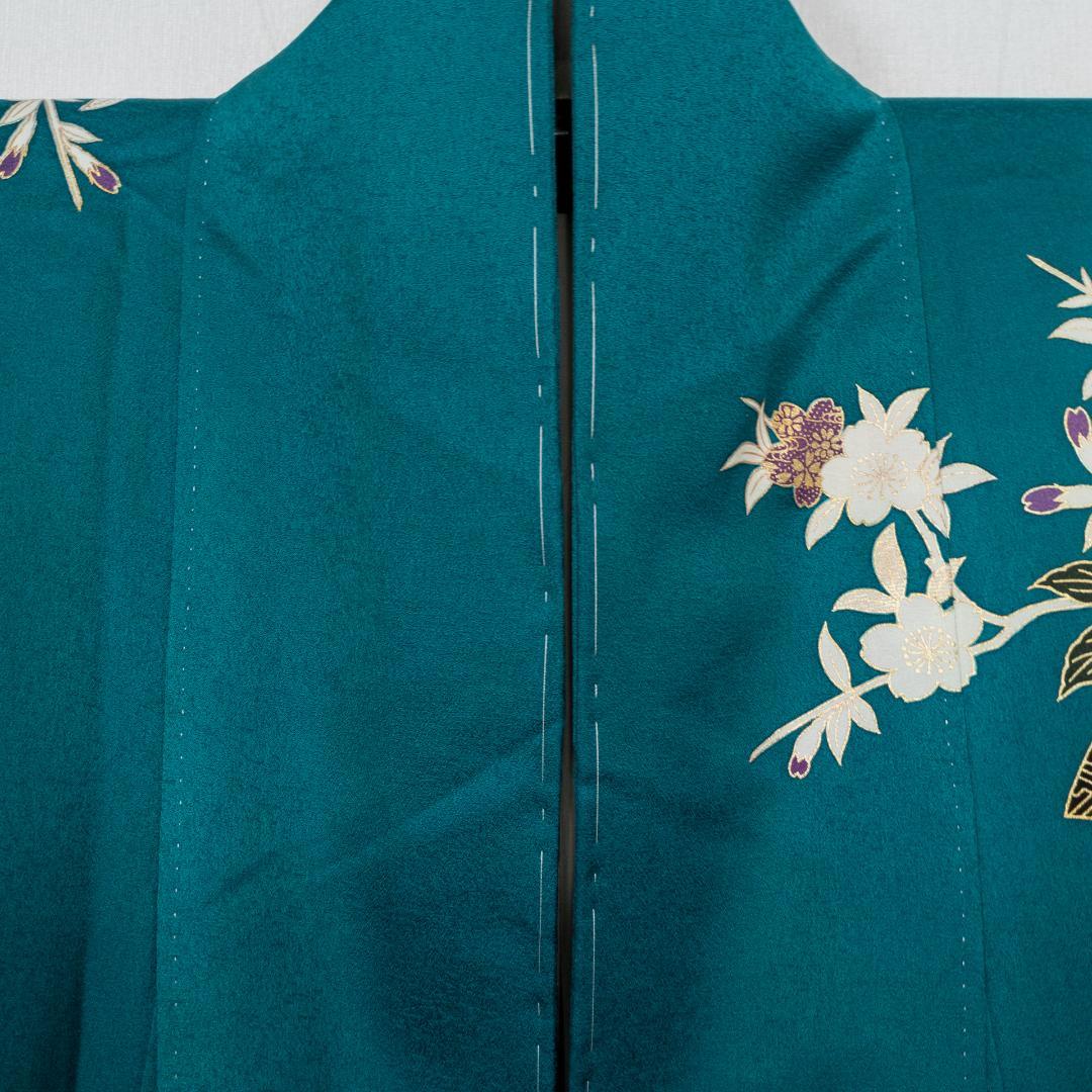 R7SK1329 振袖+帯 2点セット 花々 御所車 波 青緑 ゴールド 六通柄