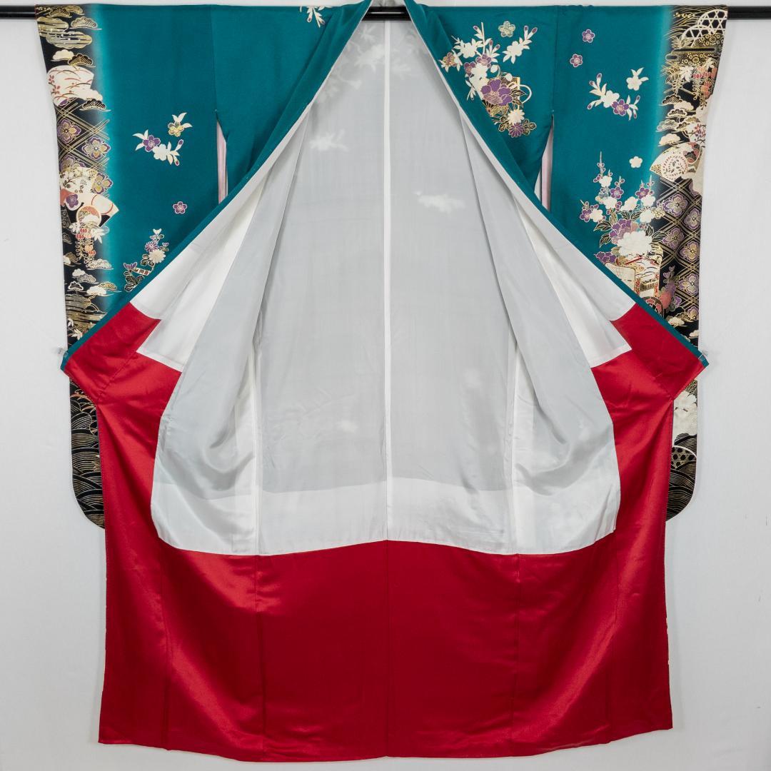 R7SK1329 振袖+帯 2点セット 花々 御所車 波 青緑 ゴールド 六通柄