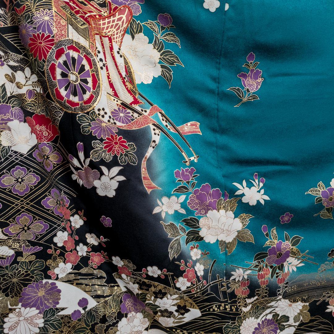 R7SK1329 振袖+帯 2点セット 花々 御所車 波 青緑 ゴールド 六通柄