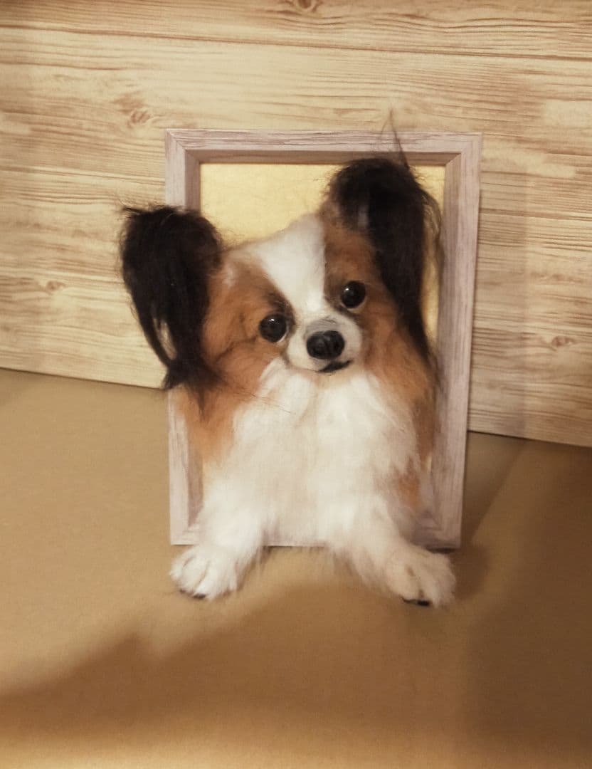 羊毛フェルト　ハンドメイド　犬　パピヨン　フレーム
