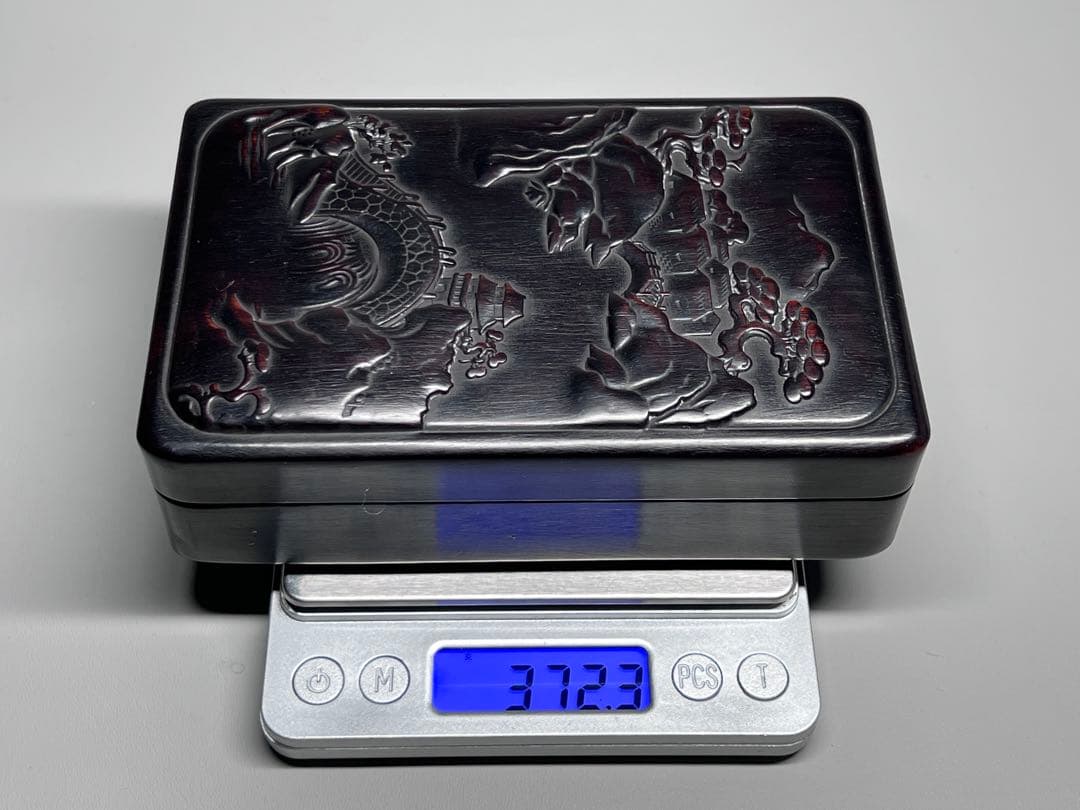 木製　小物入れ　硯箱　山水紋　浮き彫り　極細工　文房具　中国美術　唐木黑檀