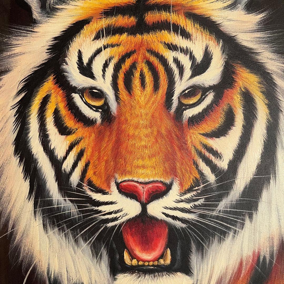 ★秀作★手書き油絵 タイガー（虎） 額付 絵画 インテリア 油彩画