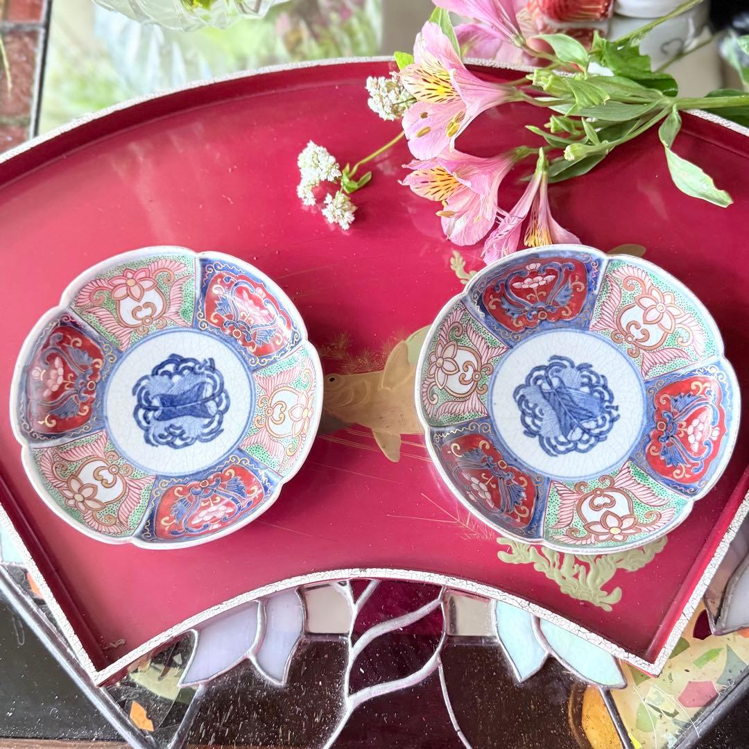 2208様感謝‼️明治27年‼️超絶伊万里錦手　軍配❌瓔珞文　輪花縁小皿5客高橋氏