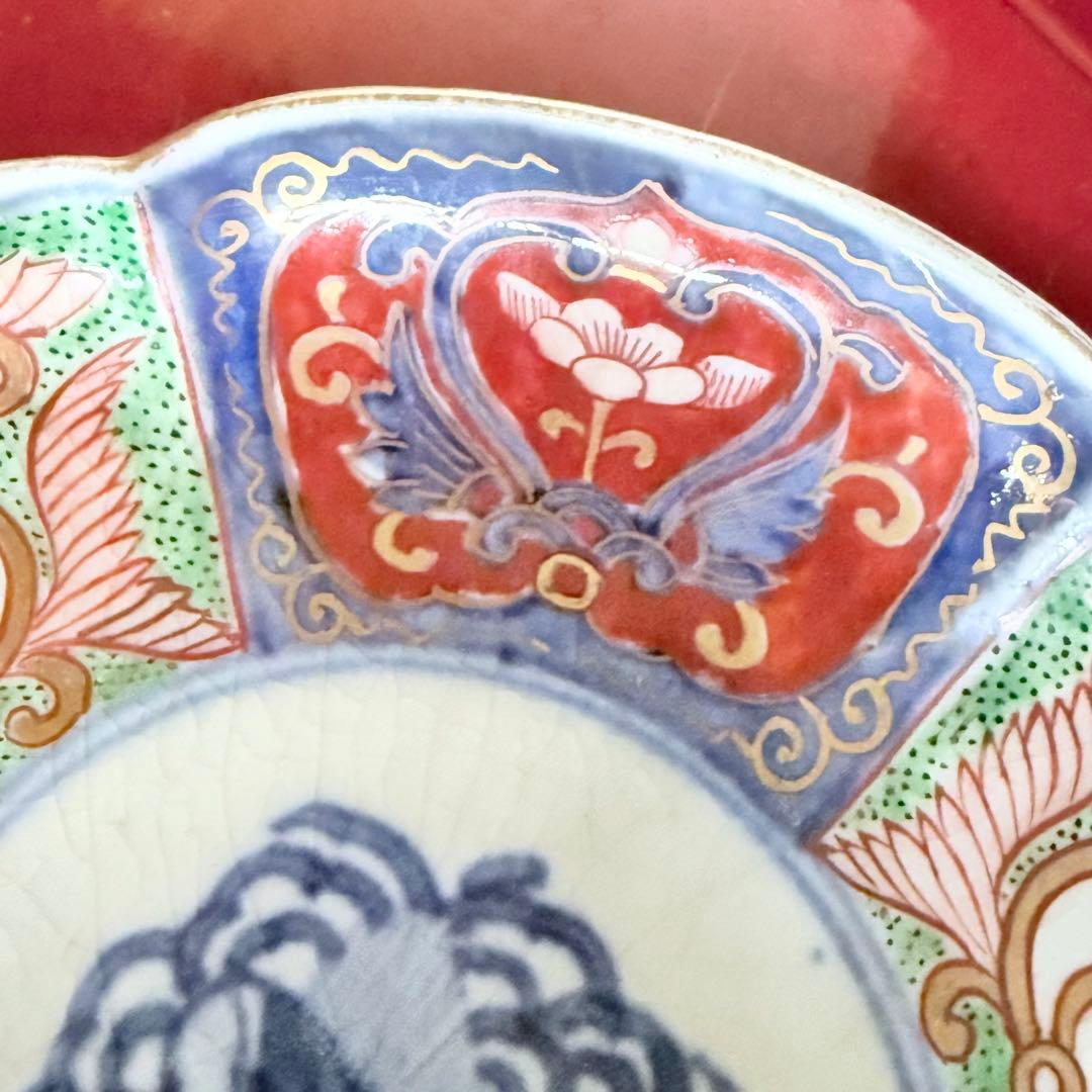 2208様感謝‼️明治27年‼️超絶伊万里錦手　軍配❌瓔珞文　輪花縁小皿5客高橋氏