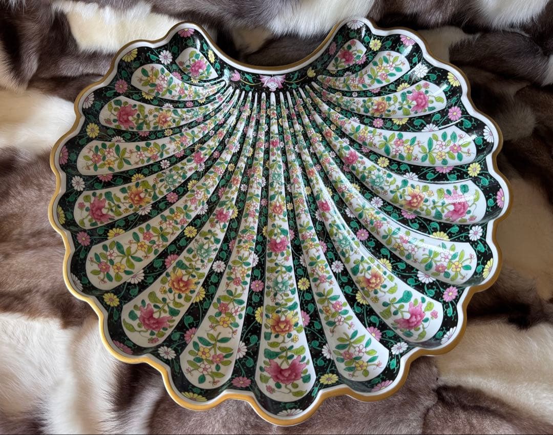 HERENDヘレンド　西安の黒　41cm 脚付き貝形大鉢シェルトレイ　マンダリン