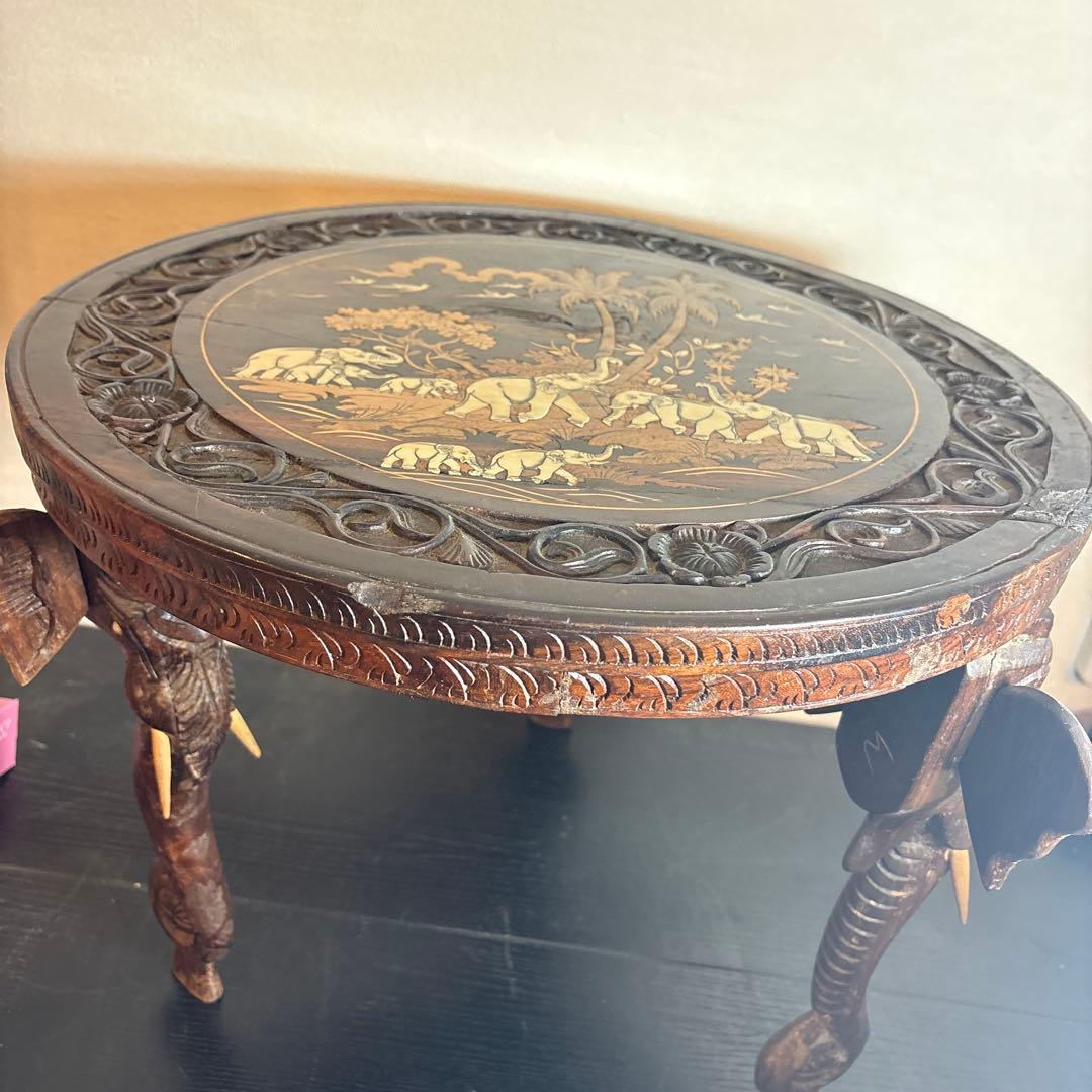象彫刻 アジアン調 ラウンドテーブル 木製 中古
