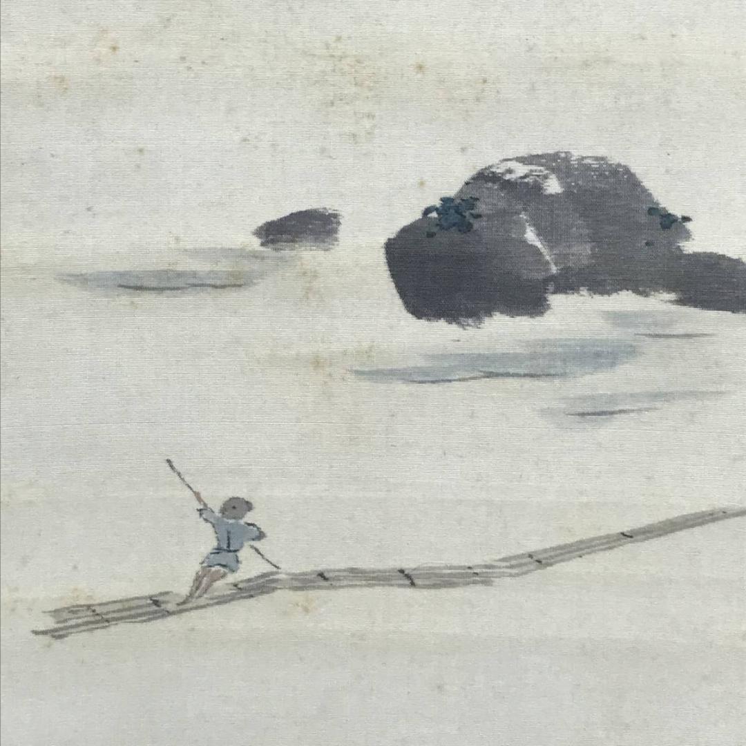 【真作】俊明/雪汀双鶴/保津川下り画詩/2-2/花鳥図/掛軸☆宝船☆AD-408