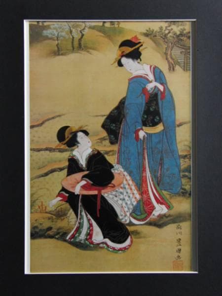 歌川豊国、二美人摘草図、超希少・大判画集画、新品高級額装付