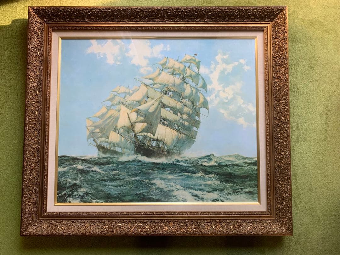 【送料無料】油彩画 美術 インテリア 風景画 海上の帆船 額縁 94×82センチ