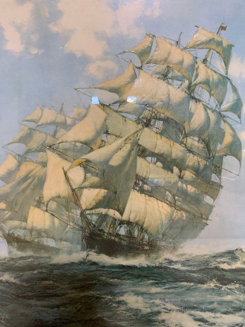 【送料無料】油彩画 美術 インテリア 風景画 海上の帆船 額縁 94×82センチ