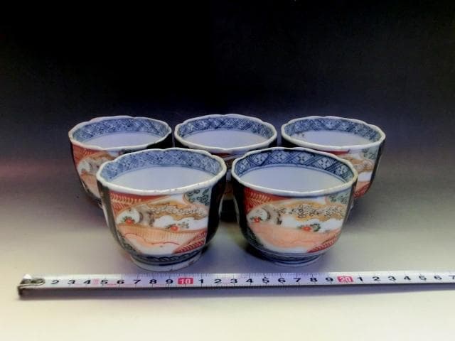 蕎麦猪口■伊万里赤絵 桜 5客 窓絵花唐草 (江戸後期～明治期) 時代物 骨董■