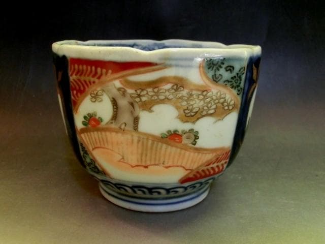 蕎麦猪口■伊万里赤絵 桜 5客 窓絵花唐草 (江戸後期～明治期) 時代物 骨董■