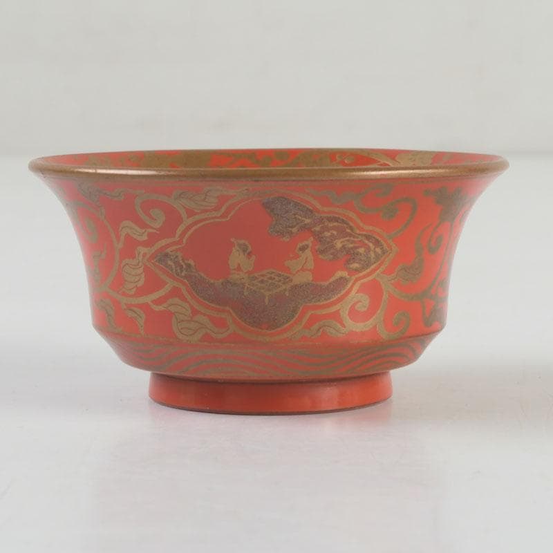 時代根来　朱塗　山水人物蒔絵　杯　盃　在銘　共箱　C　9394