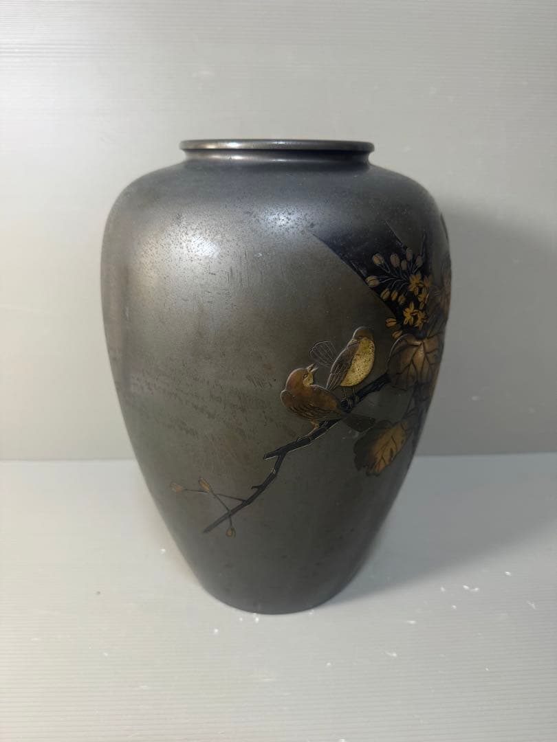 2643 高岡銅器 銅花瓶 希少 金銀象嵌 鳥花文図