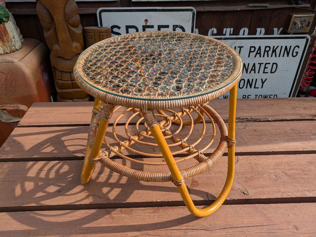 ビンテージ オールド ラタン ガラステーブル コーヒーテーブル