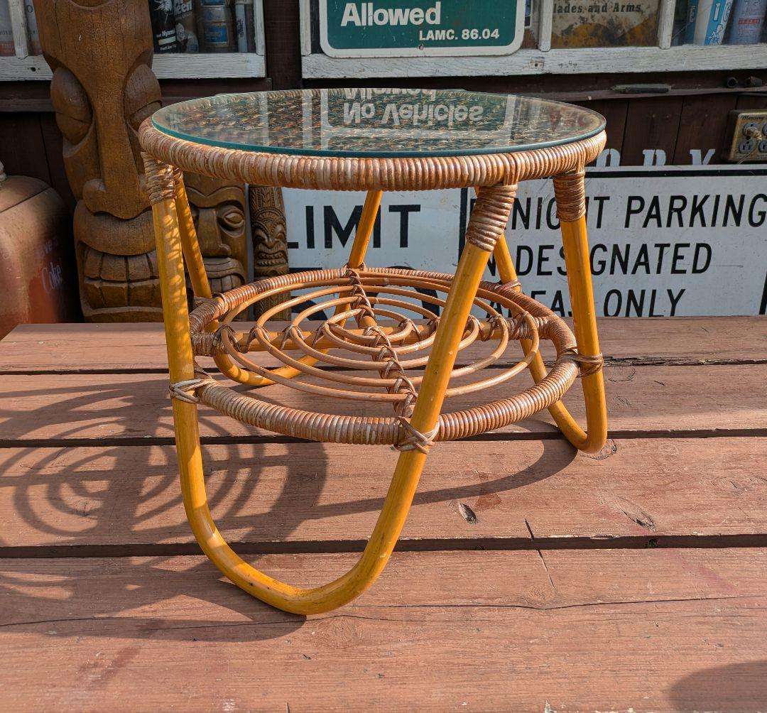 ビンテージ オールド ラタン ガラステーブル コーヒーテーブル