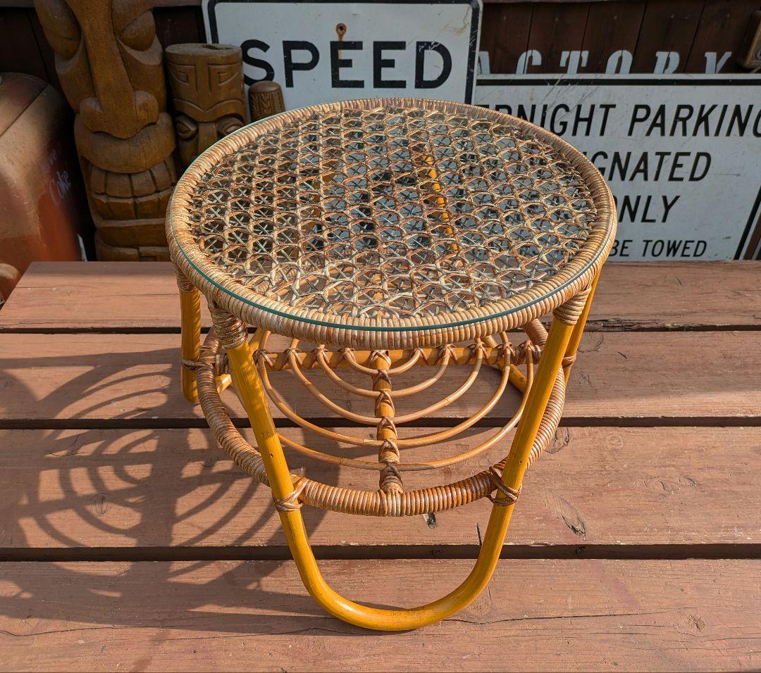 ビンテージ オールド ラタン ガラステーブル コーヒーテーブル