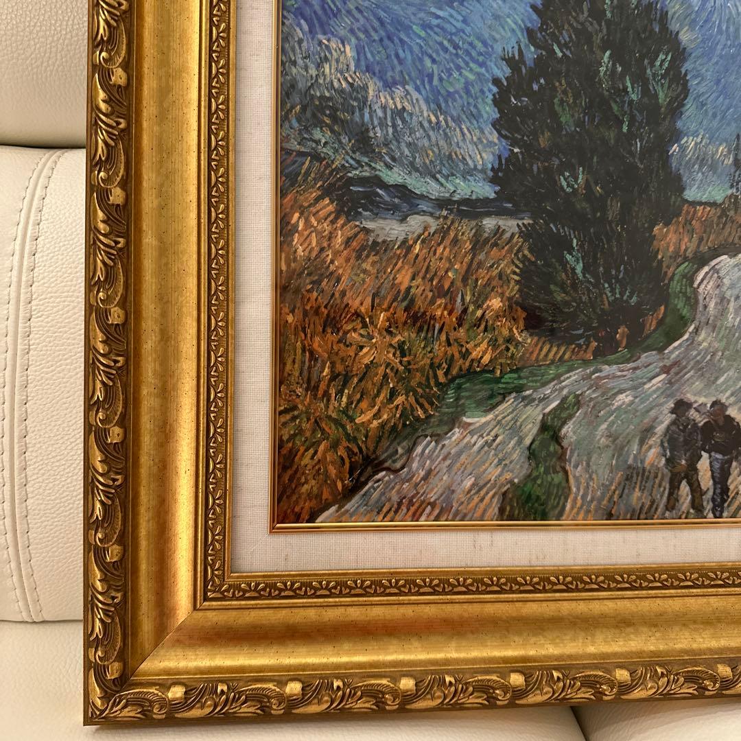 油彩画 星月夜の道 約40x50cm