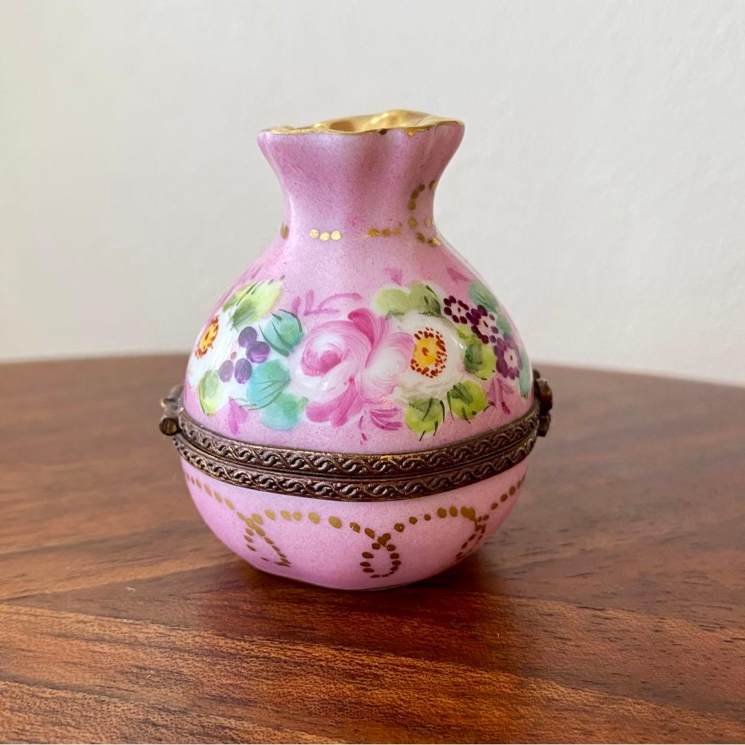 フランス製 ヴィンテージ リモージュボックス 香水瓶入り 手描き 花柄 金彩