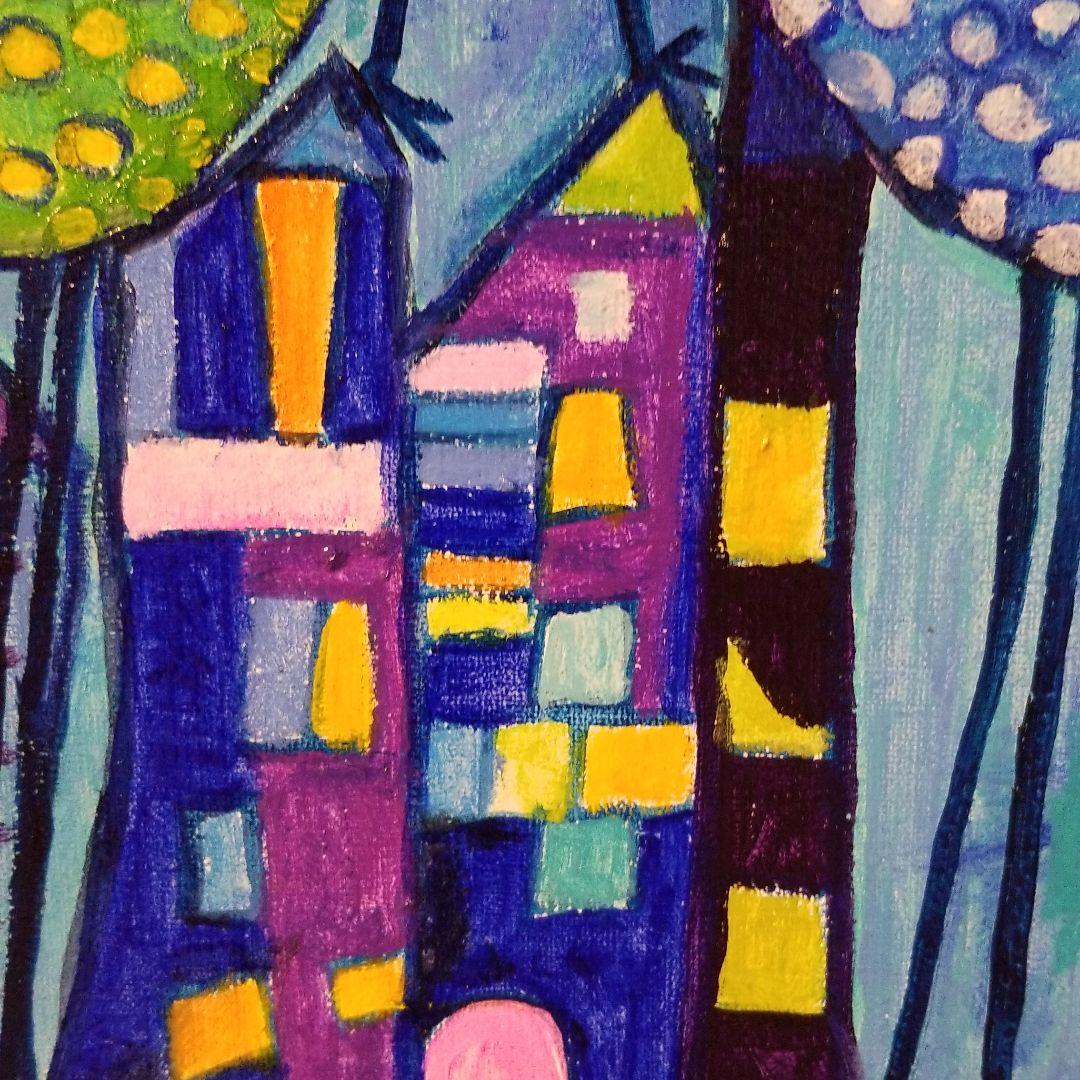 油絵　にゃんこ　足の長い鳥が住む街