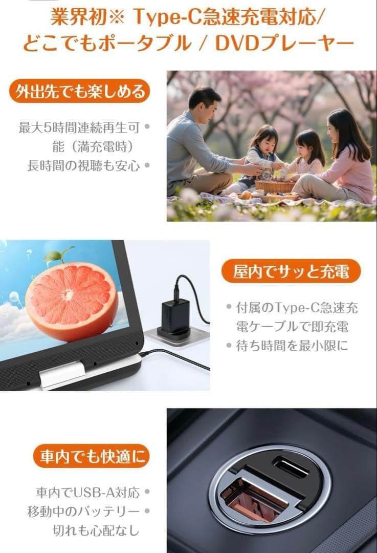 ポータブルDVDプレーヤー 12.5型/10.5インチType-C急速充電
