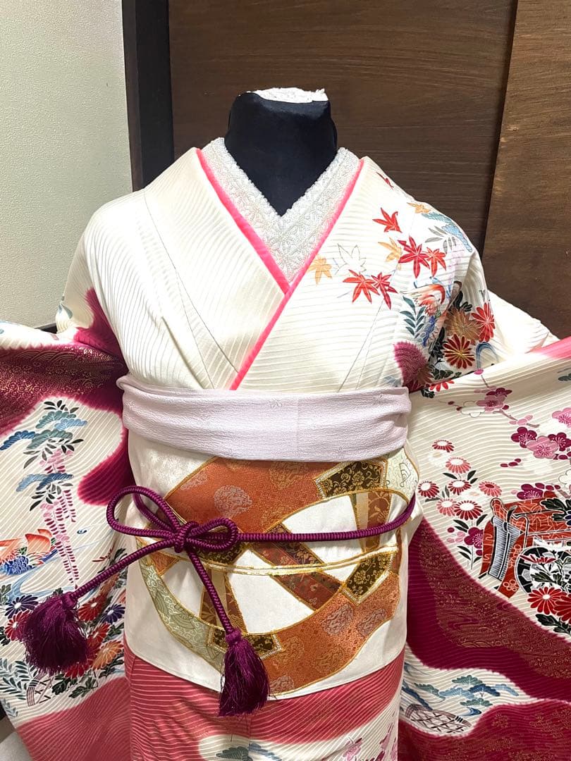 振袖 フルセット6点サイズM京友禅手描き銀駒刺繍　正絹　売り切り終了