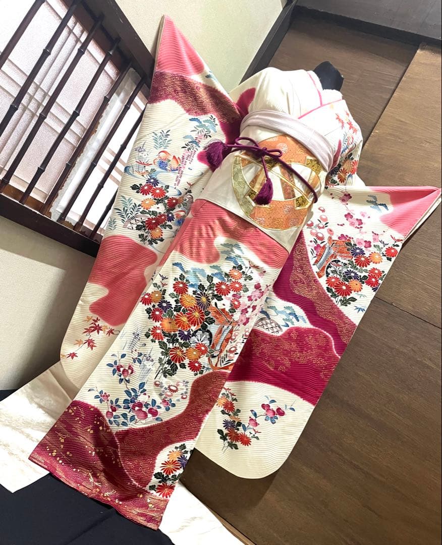 振袖 フルセット6点サイズM京友禅手描き銀駒刺繍　正絹　売り切り終了