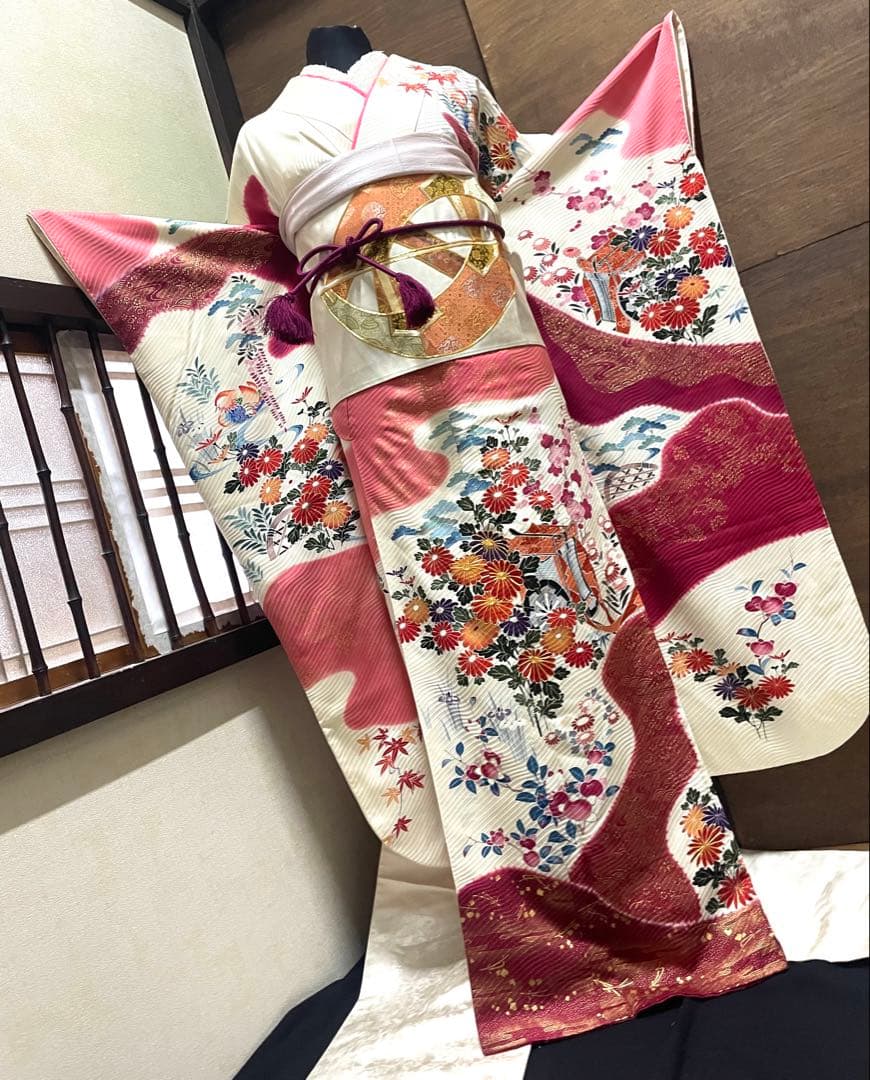 振袖 フルセット6点サイズM京友禅手描き銀駒刺繍　正絹　売り切り終了