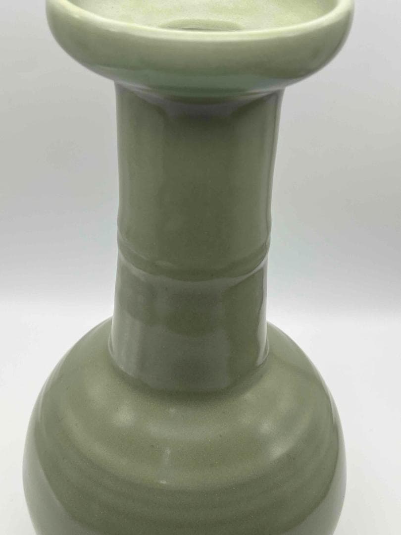 南宋時代　龍泉窯　 梅子青 青磁弦文盤口瓶 花入　花瓶　茶道具(E-81)