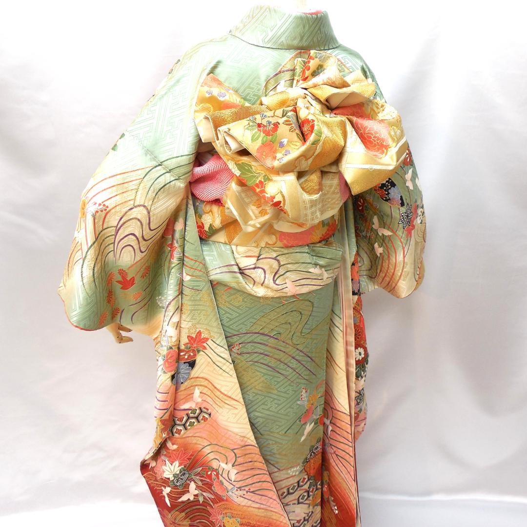 極美品★振袖フルセット　正絹　振袖　7点セット　成人式　Mサイズ　緑　赤　古典柄