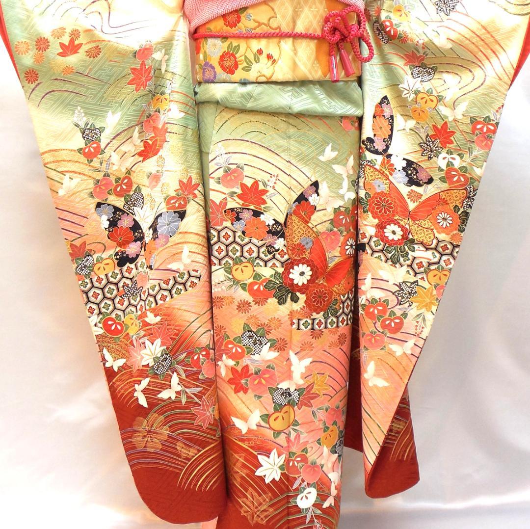 極美品★振袖フルセット　正絹　振袖　7点セット　成人式　Mサイズ　緑　赤　古典柄