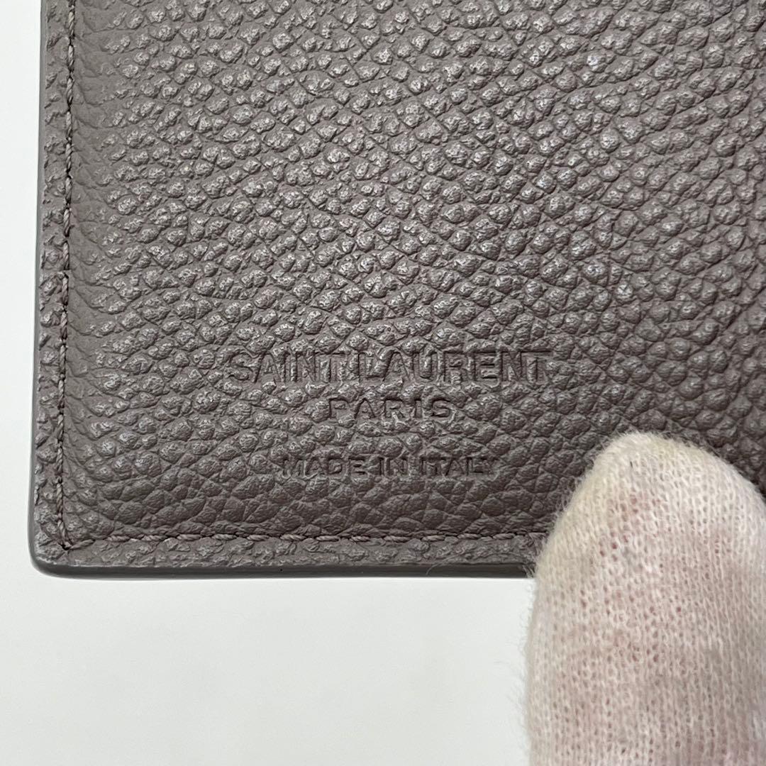 サンローラン 三つ折り財布 ロゴ入り タイニーウォレット オリガミ グレー 本革