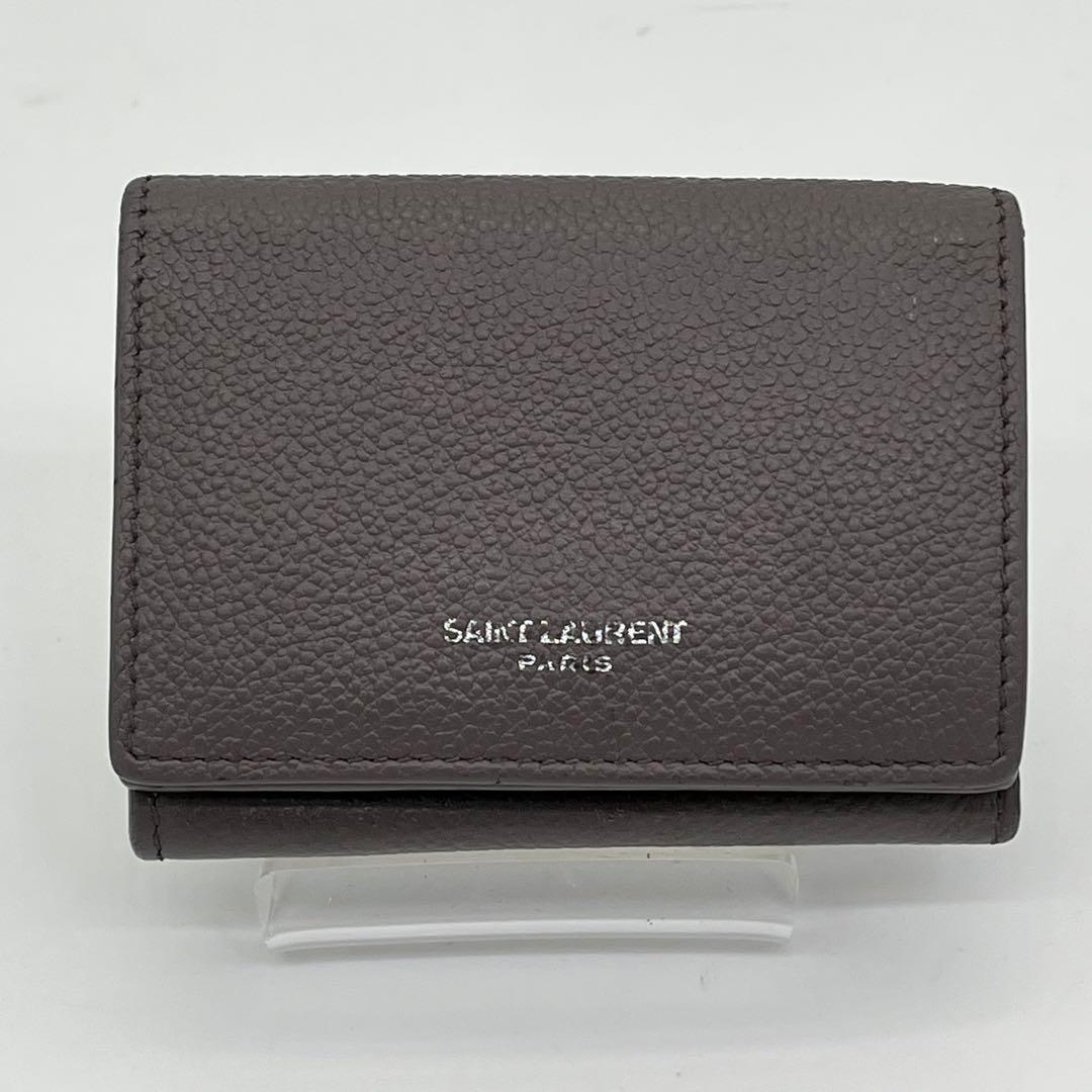 サンローラン 三つ折り財布 ロゴ入り タイニーウォレット オリガミ グレー 本革