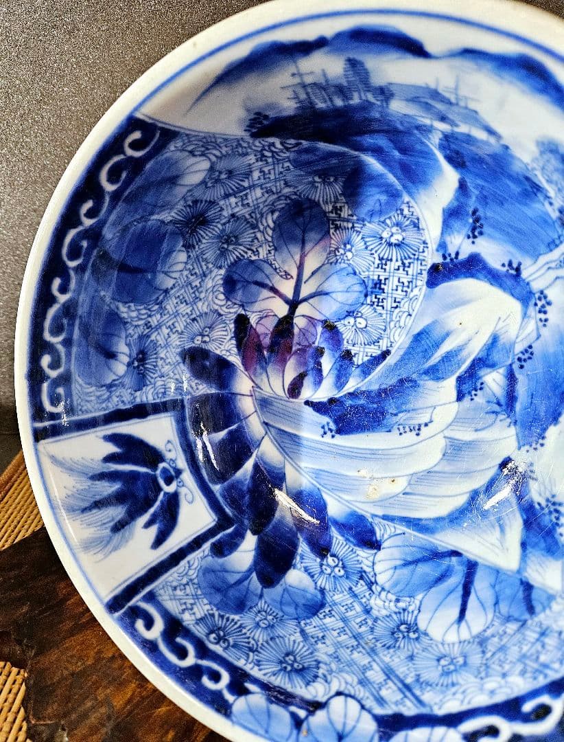 江戸時代末期～明治初期　古伊万里　染付　葉に卍繋ぎ文　大盃洗　高付鉢　コンポート