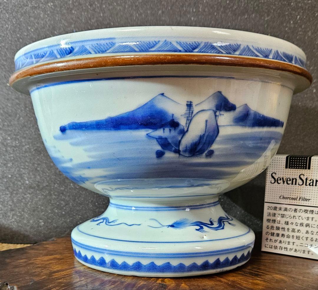 江戸時代末期～明治初期　古伊万里　染付　葉に卍繋ぎ文　大盃洗　高付鉢　コンポート