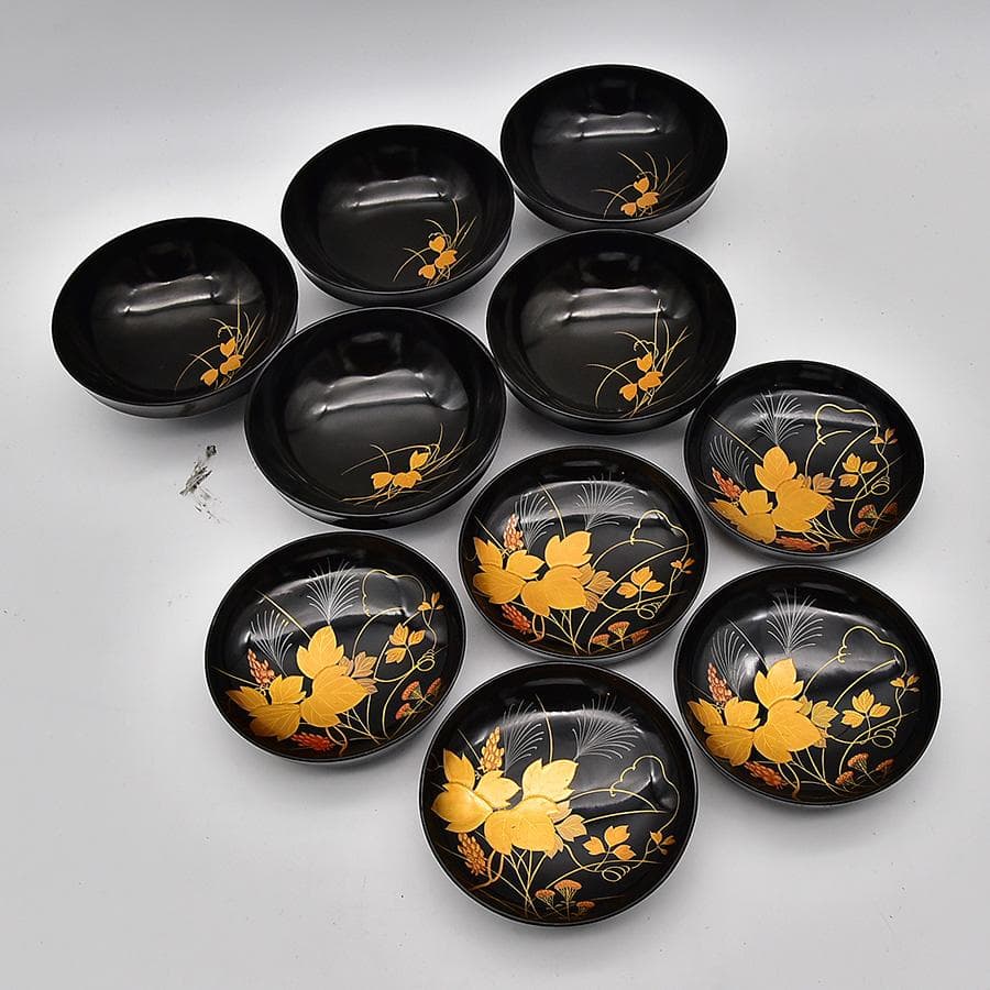 時代年代物 輪島塗 蓋椀 五客 木製黒漆 花草に蝶 金蒔絵 漆器 漆芸 食器