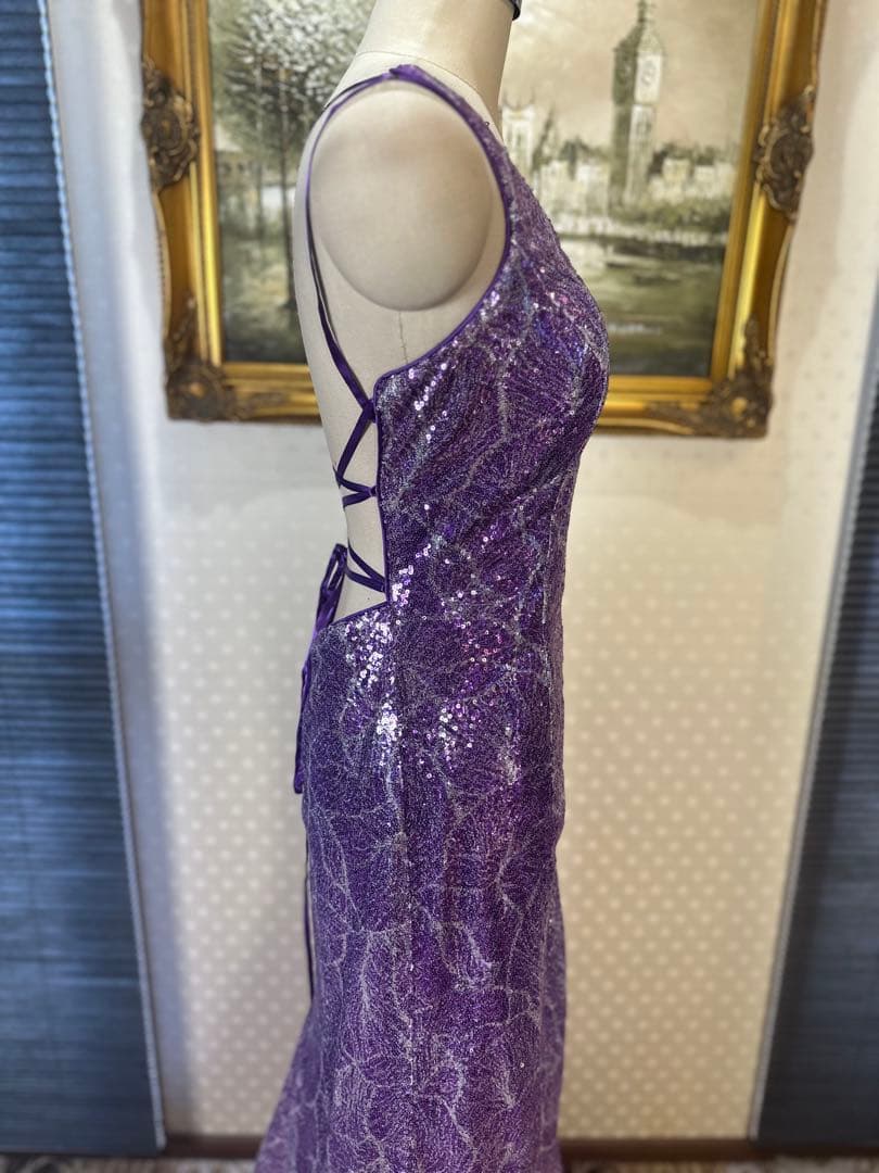 紫色 スパンコール 片肩ドレス