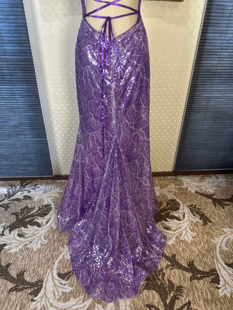 紫色 スパンコール 片肩ドレス