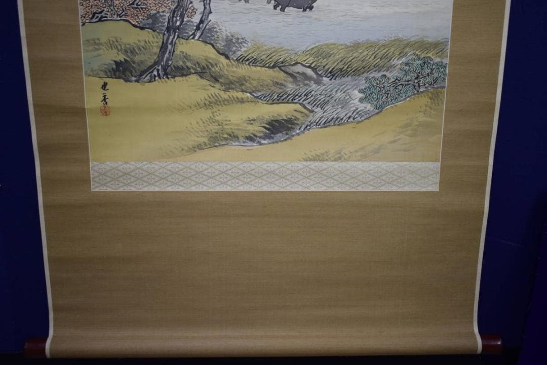 真作/大八木也香/山水/牛に童子図/布袋屋掛軸HJ-843