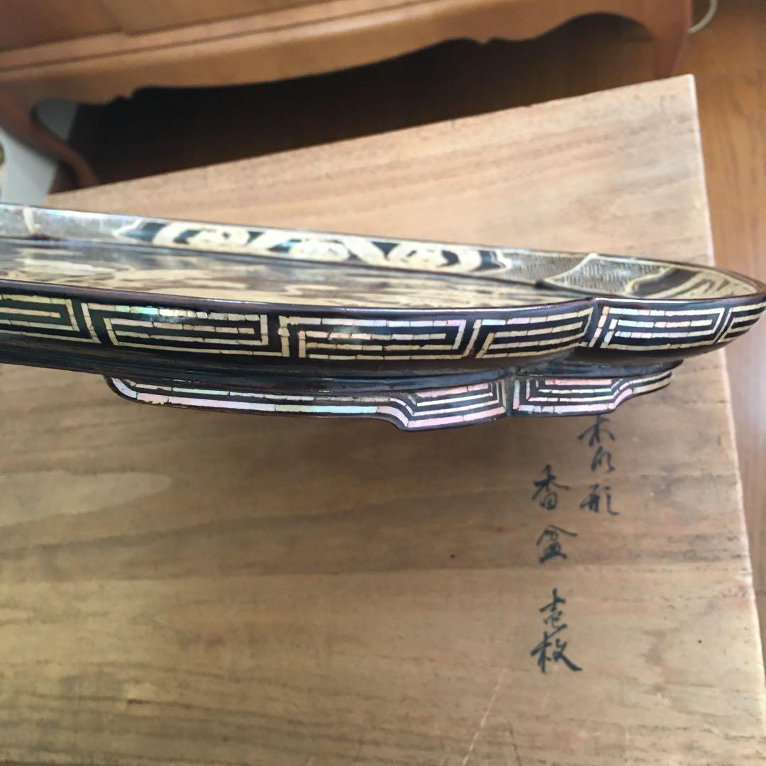 青貝瑞鳥花の図　木瓜形　香合盆　螺鈿細工　共箱