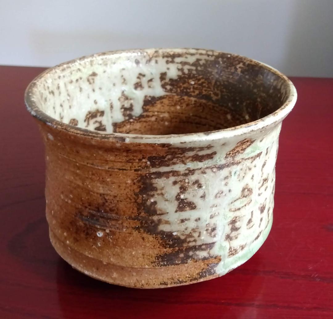 越前焼名工　桝田屋光生 自然灰釉ビードロ模様美還元窯変の究極美が迸る逸品 筒茶碗