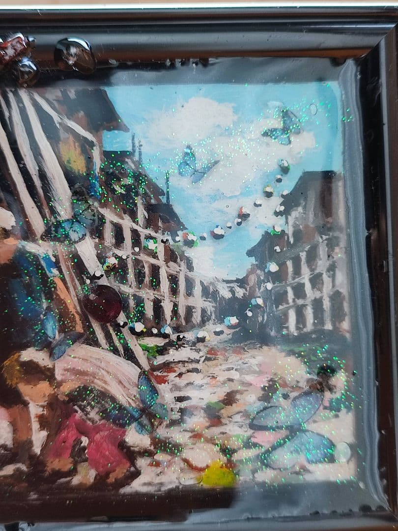 絵画　レジン　約束　スラム街の少年と少女（ガーネット,サンストーン水晶）