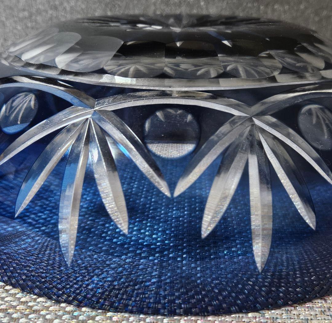 江戸切子　現代作品　青色被せ切子硝子 ガラス　鉢　菓子鉢　茶道具　茶器　共箱