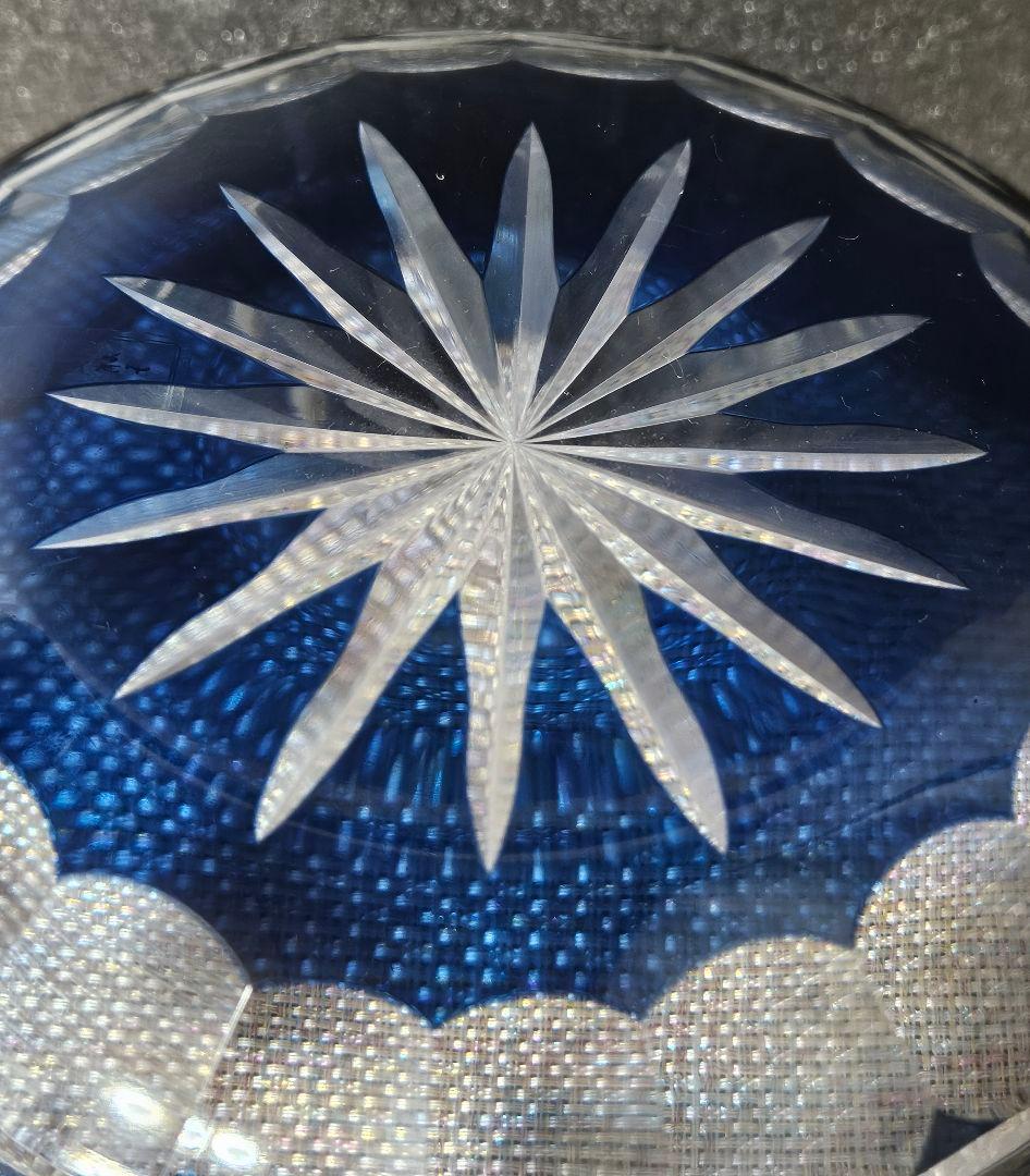 江戸切子　現代作品　青色被せ切子硝子 ガラス　鉢　菓子鉢　茶道具　茶器　共箱