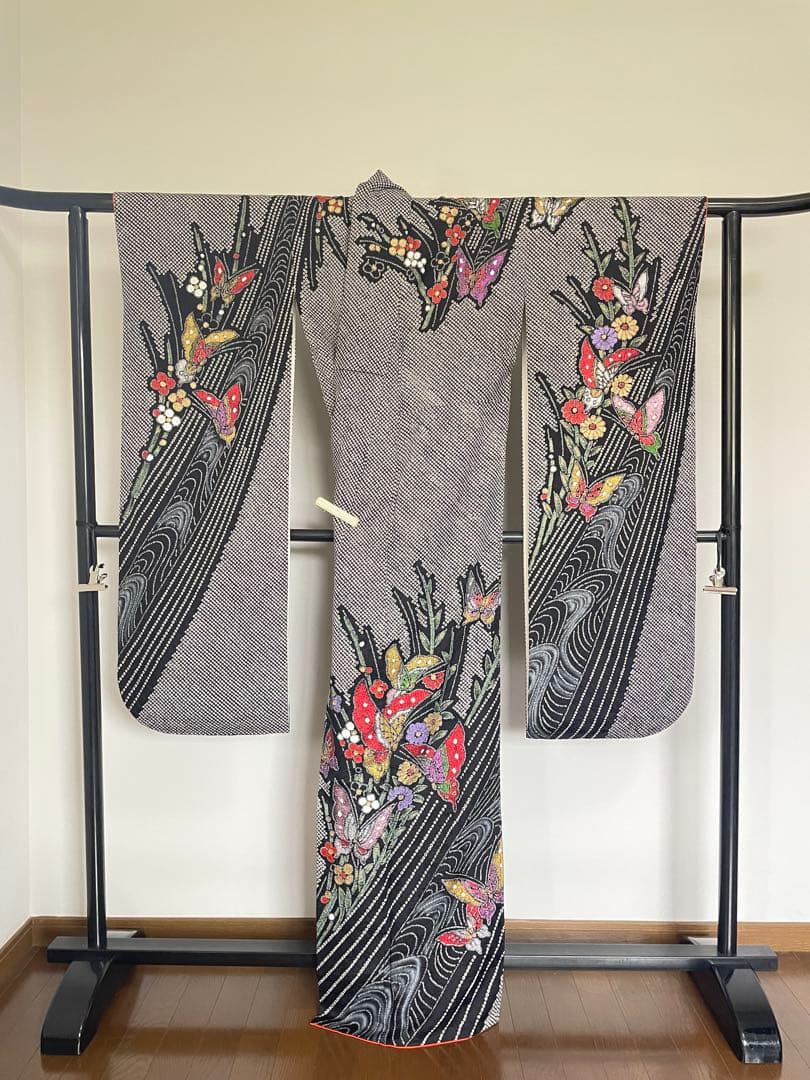 振袖 フルセット 黒総絞り バタフライ カラフル ラメ 新品小物