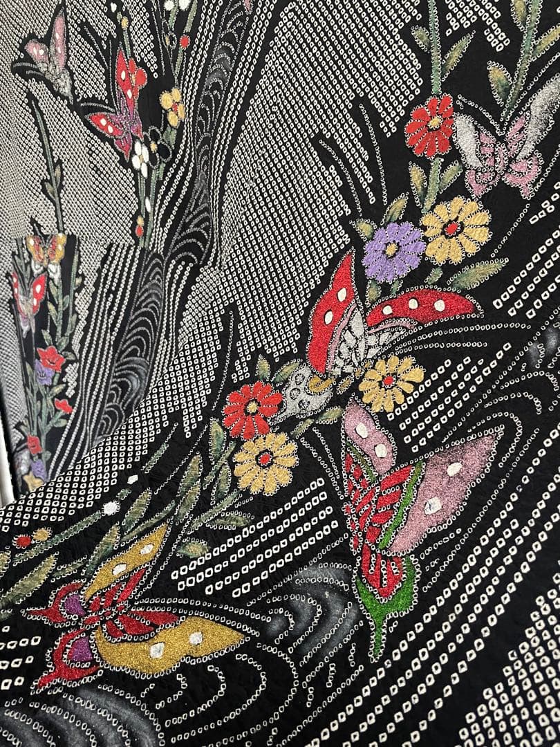 振袖 フルセット 黒総絞り バタフライ カラフル ラメ 新品小物