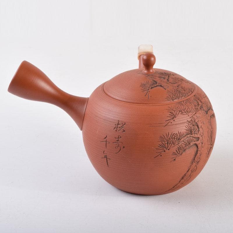前茶道具　常滑焼　光松作　朱泥　松漢詩刻　横手急須　V　8654
