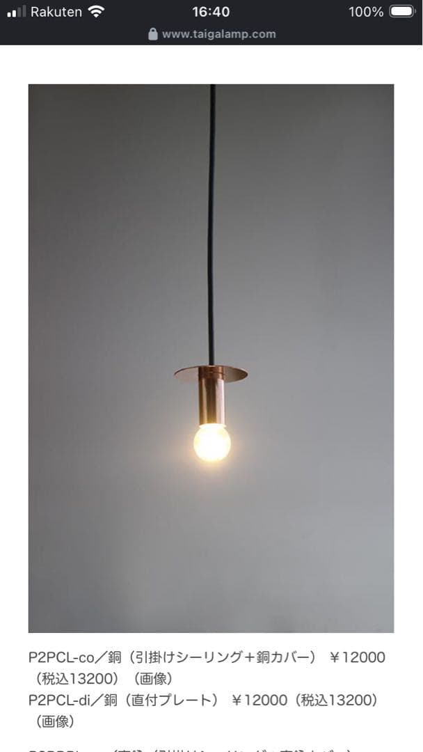 P2PCL-co/銅 ペンダントライト LED球付き taiga lamp