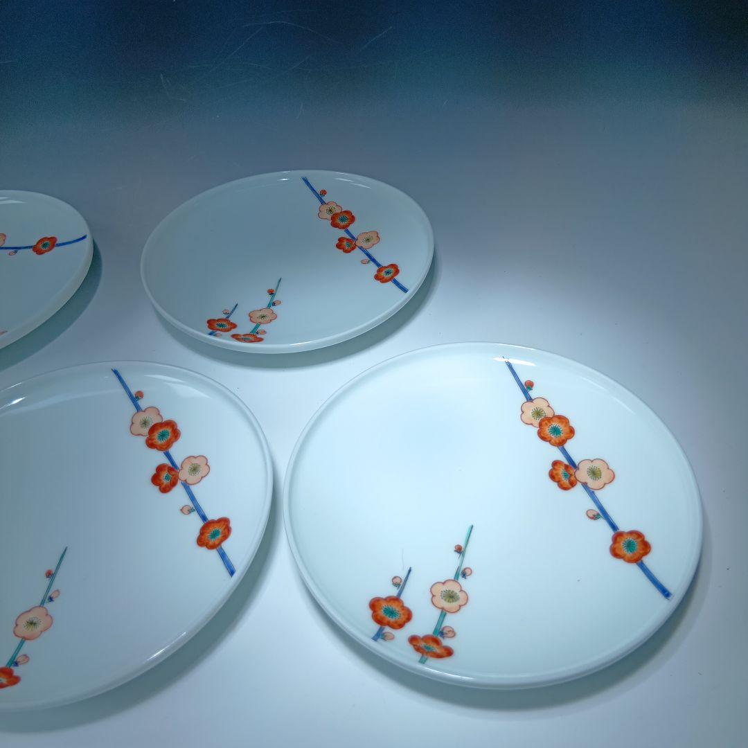 値下げ13代柿右衛門(錦)梅花文皿5枚　共箱　 未使用品　美品