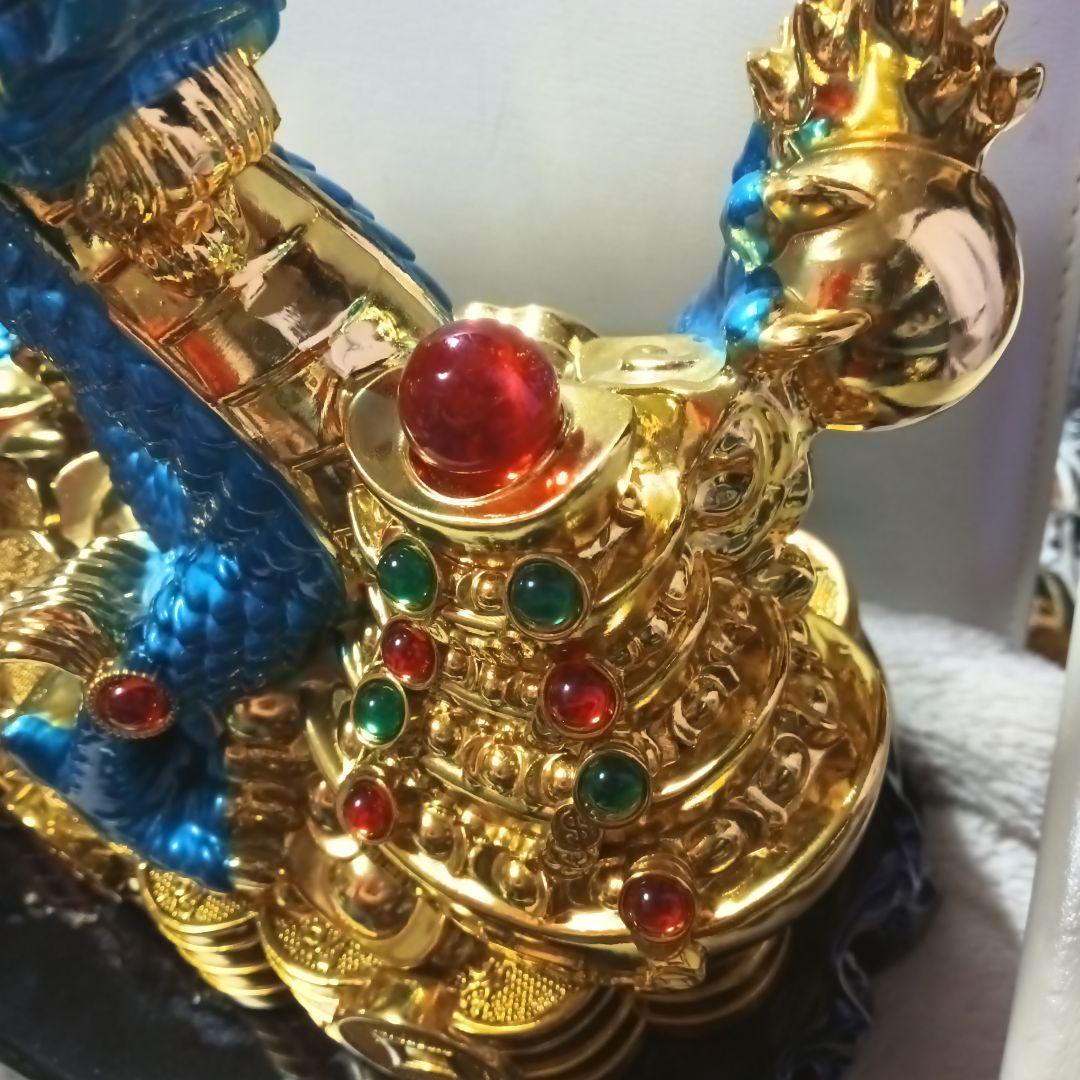 中国工芸品　青色と金色の青龍　ダンシングドラゴン　風水アイテム　富と繁栄の象徴